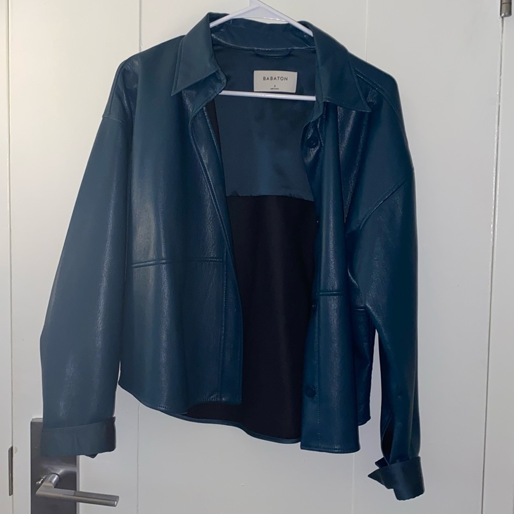 Aritzia Babaton Leather Pelli Shirt Jacket- BLUE/GREEN COLOR- SMALL - Picture 2 of 4